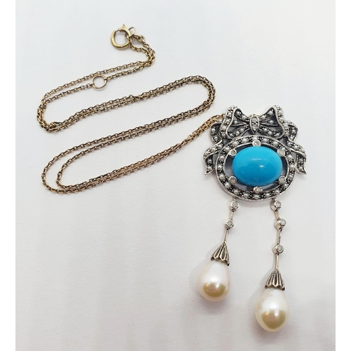 516 - A silver, turquoise, pearl and diamond pendant, on a 9ct gold chain