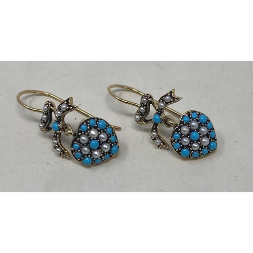 551 - A pair of 9ct gold, turquoise and pearl earrings