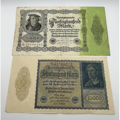 3 - A Bank of England white £5 banknote, March 27th 1950, R10 099867, a group of German 100,000 Mark ban... 