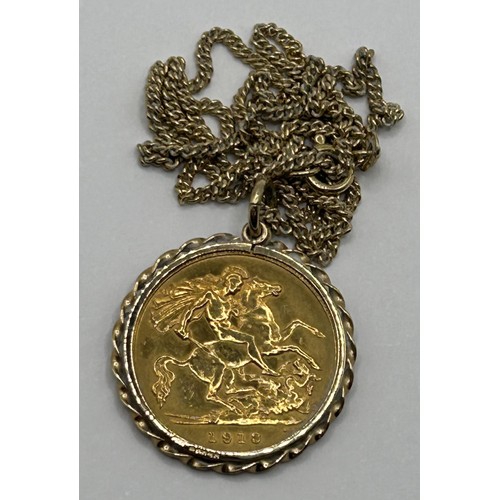 6 - A George V gold half sovereign, 1913, in a 9ct gold  pendant mount, on a 9ct gold chain