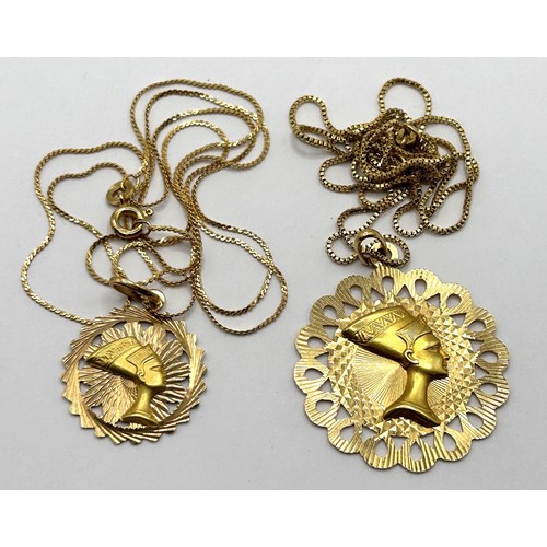 534 - An 18ct gold medallion, decorated an Egyptian bust, and another similar, both on chains, 15.3 g