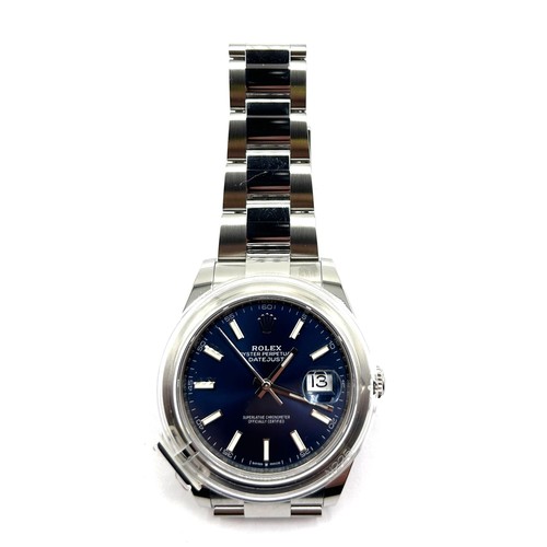 602 - A gentleman's Rolex Oyster Perpetual DateJust 41 steel blue baton dial wristwatch, with a steel poli... 