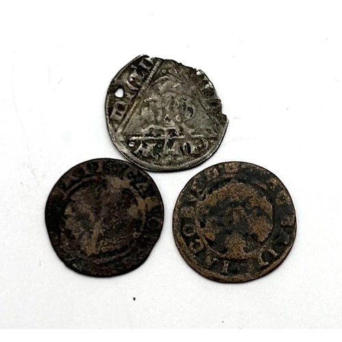 5 - A silver cross penny, clipped, and two tokens (3)