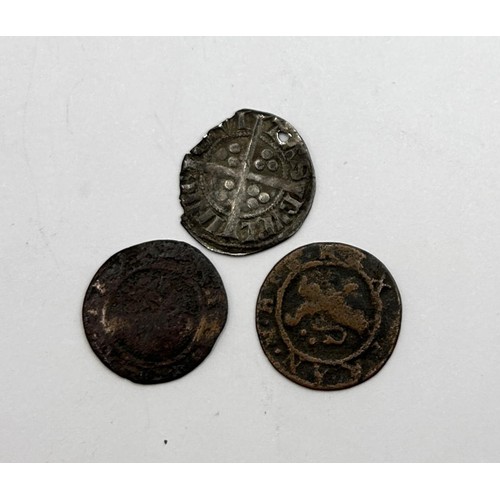 5 - A silver cross penny, clipped, and two tokens (3)