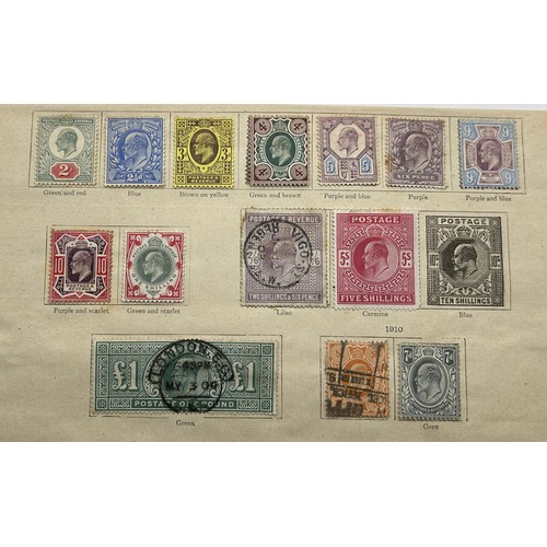 113 - A page of Great Britain stamps, from an album, QVR, and EVII, including a green £1 stamp and a 5s st... 