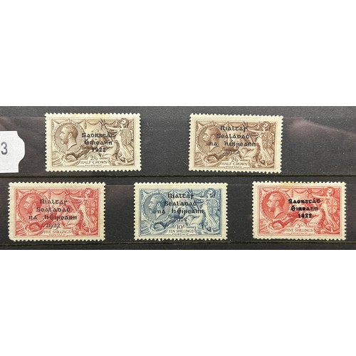 114 - A Great Britain GVR 5s Seahorses stamp, 1922 Irish Free State overprint, another, two 2/6 and a 10s,... 