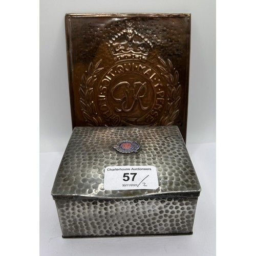 57 - A pewter table cigarette box, with hammered decoration, the lid applied a Royal Engineers plaque, 10... 