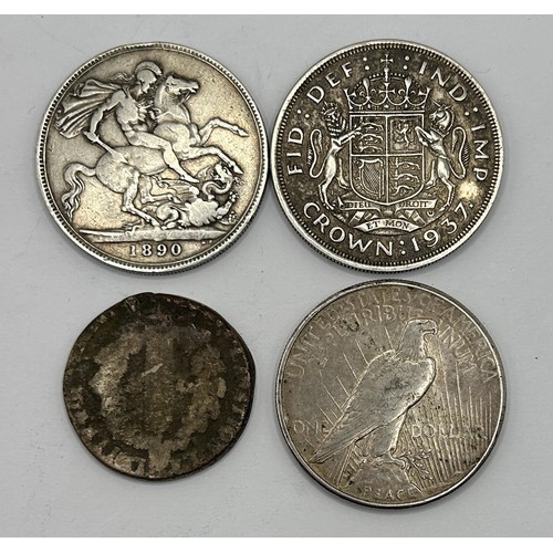 31 - A Victorian crown, 1890, a George V crown, 1937, an American silver dollar, and a Louis XVI coin, 17... 