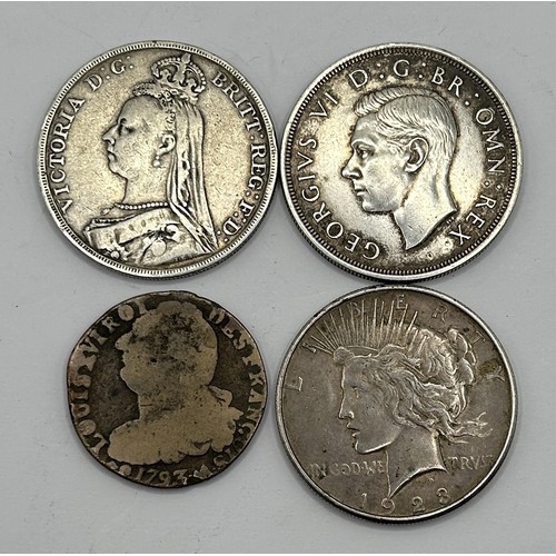 31 - A Victorian crown, 1890, a George V crown, 1937, an American silver dollar, and a Louis XVI coin, 17... 