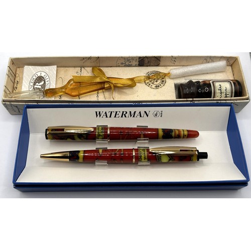 572 - A Waterman fountain pen and ballpoint pen, Leonardo Da Vinci Collection, and a Francesco glass quill... 