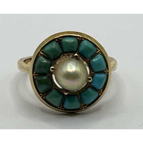 596 - A gold, turquoise and cultured pearl cluster ring