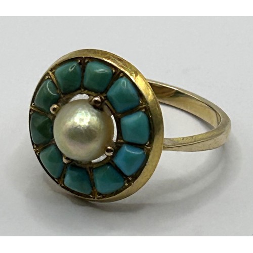 596 - A gold, turquoise and cultured pearl cluster ring