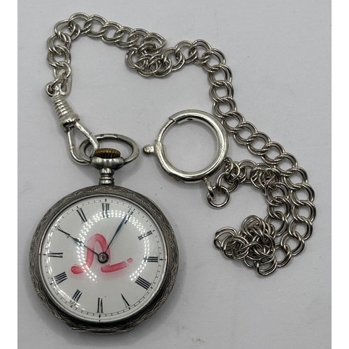 609 - A silver Omega fob watch, with engraved decoration, the enamel dial with Roman numerals, with a chai... 