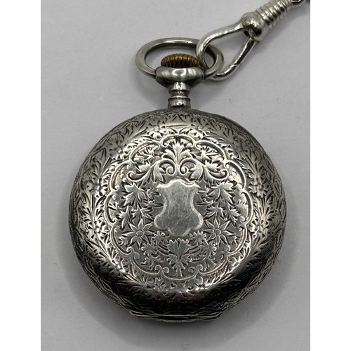 609 - A silver Omega fob watch, with engraved decoration, the enamel dial with Roman numerals, with a chai... 