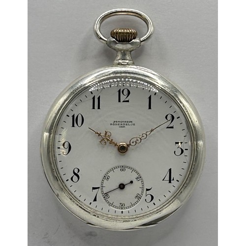 610 - A silver coloured metal Omega open face pocket watch, the enamel dial signed Bengtsson Sodertelje Im... 