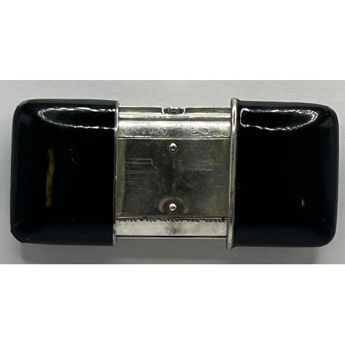 611 - A silver Movado Ertmo purse watch, with black enamel decoration, the silvered dial with Arabic numer... 