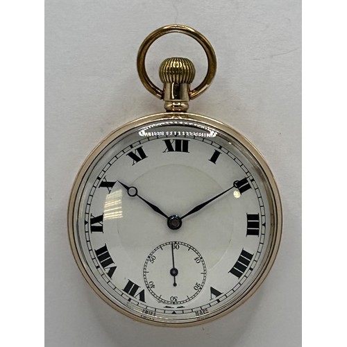 612 - A 9ct gold open face pocket watch, the enamel dial with Roman numerals and subsidiary seconds dial, ... 