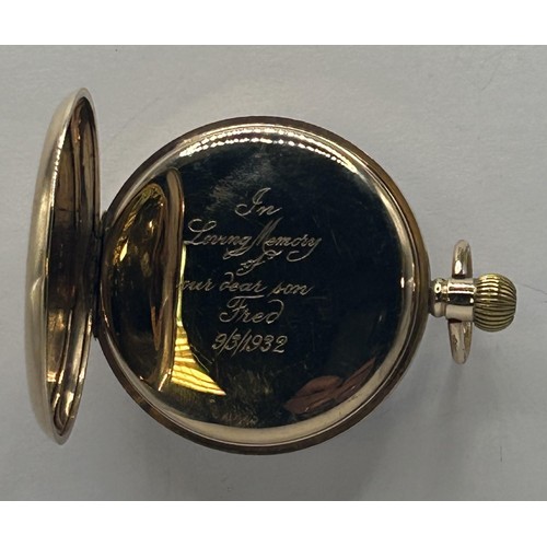 612 - A 9ct gold open face pocket watch, the enamel dial with Roman numerals and subsidiary seconds dial, ... 