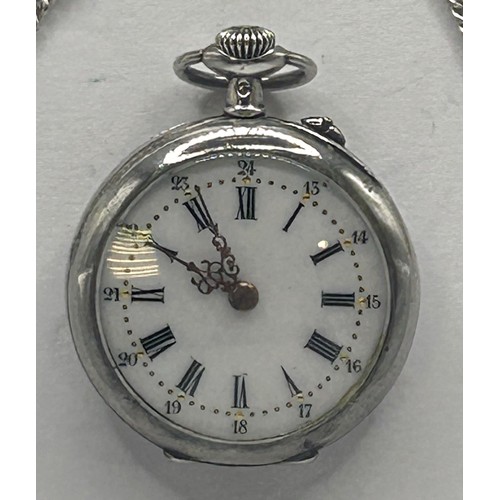 615 - A silver coloured metal Art Nouveau fob watch, with Roman numerals and engraved decoration, with a s... 