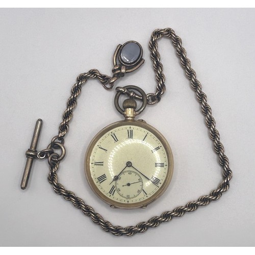 622 - A 9ct gold Albert, with a seal, 28.1 g all in, and an 18ct gold open face pocket watch (2)