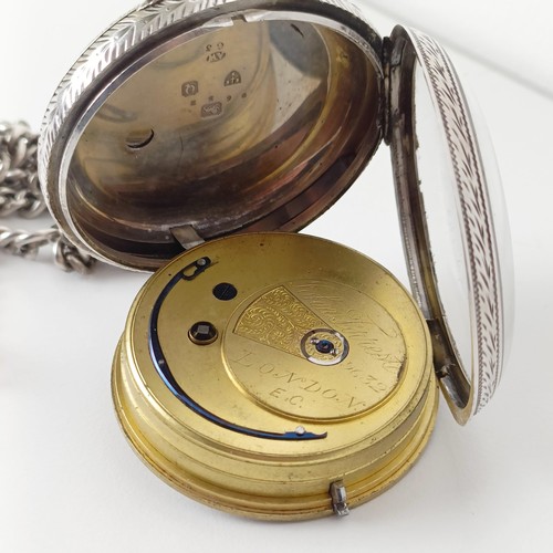 567 - A Victorian silver open face pocket watch, the silvered dial with yellow coloured metal Roman numera... 