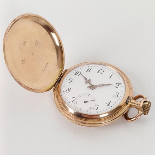 568 - A 14ct gold full hunter pocket watch, the dial with Arabic numerals and a subsidiary seconds dial