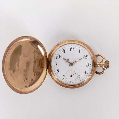 568 - A 14ct gold full hunter pocket watch, the dial with Arabic numerals and a subsidiary seconds dial