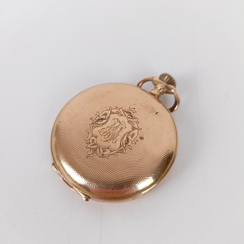 568 - A 14ct gold full hunter pocket watch, the dial with Arabic numerals and a subsidiary seconds dial