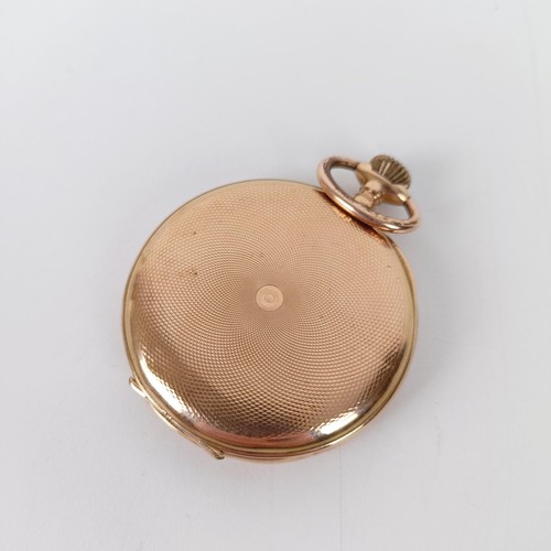 568 - A 14ct gold full hunter pocket watch, the dial with Arabic numerals and a subsidiary seconds dial