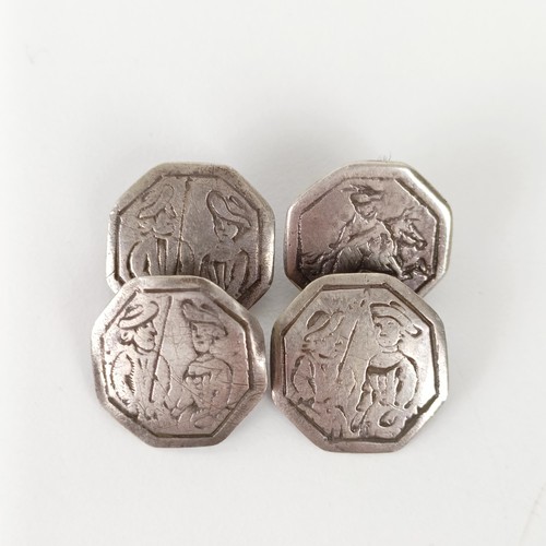 721 - A set of four 19th century silver buttons, engraved 17th century style figures, three with makers ma... 