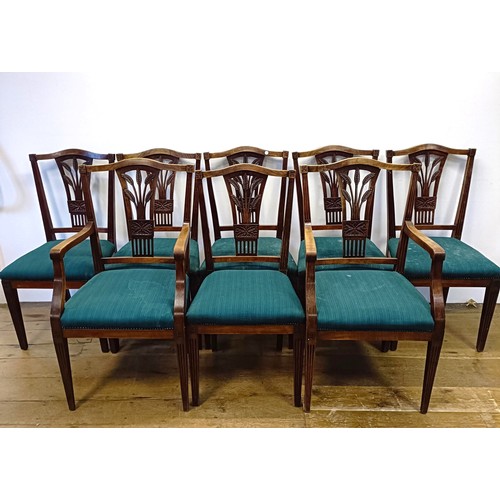 985 - A set of eight camphorwood dining chairs, with pierced splat backs and padded seats (6+2)