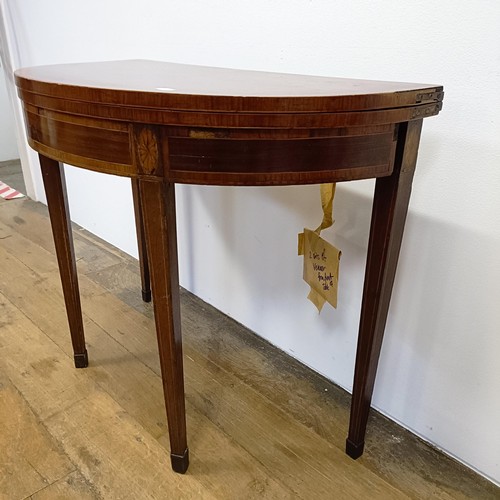 1007 - An inlaid mahogany demi-lune card table, 90 cm wide