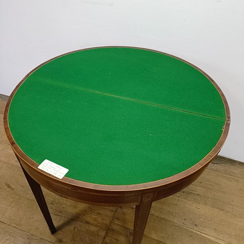 1007 - An inlaid mahogany demi-lune card table, 90 cm wide