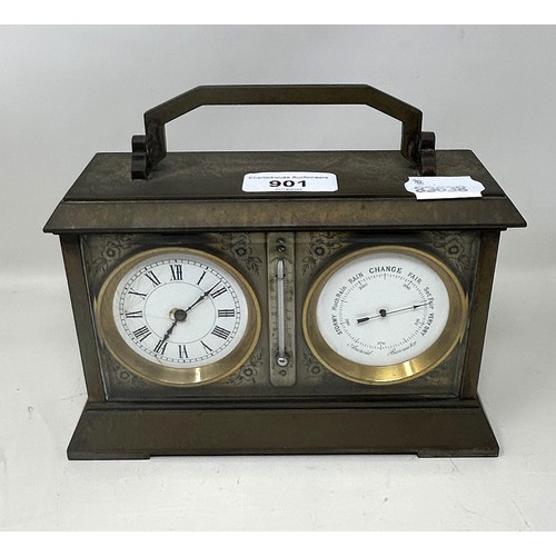 901 - A carriage clock/barometer, in a brass and glass case, 20 cm wide x 16 cm high