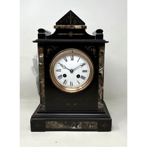 909 - A slate mantel clock, a mahogany mantle clock, three pairs of binoculars (box)