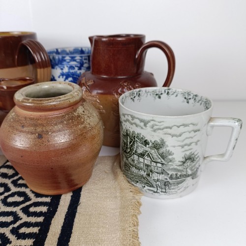 827 - A large 19th century blue and white mug, a Doulton Lambeth tyg, and assorted ceramics (box)