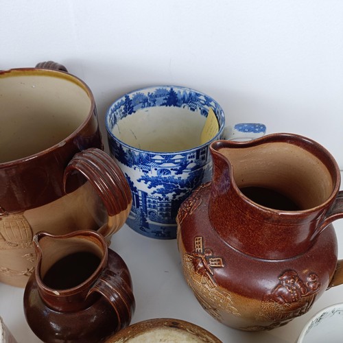 827 - A large 19th century blue and white mug, a Doulton Lambeth tyg, and assorted ceramics (box)