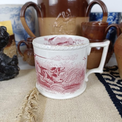 827 - A large 19th century blue and white mug, a Doulton Lambeth tyg, and assorted ceramics (box)