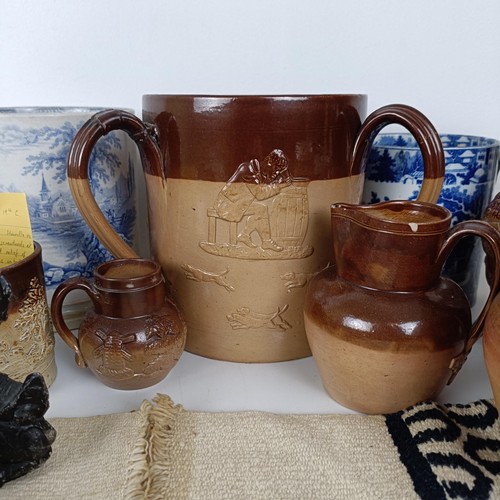 827 - A large 19th century blue and white mug, a Doulton Lambeth tyg, and assorted ceramics (box)