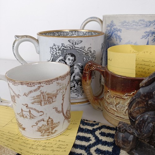 827 - A large 19th century blue and white mug, a Doulton Lambeth tyg, and assorted ceramics (box)