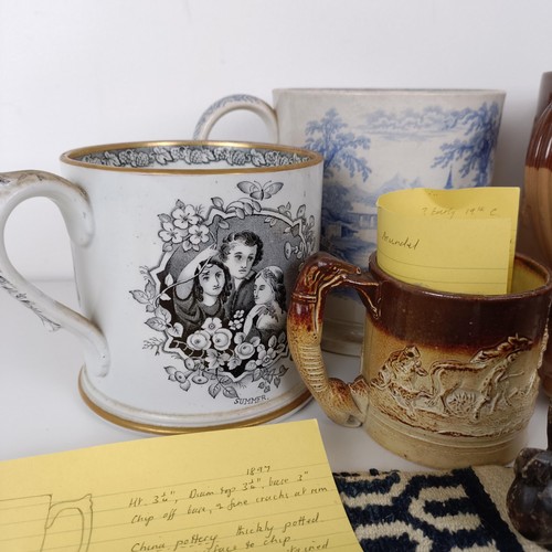 827 - A large 19th century blue and white mug, a Doulton Lambeth tyg, and assorted ceramics (box)