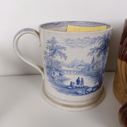 827 - A large 19th century blue and white mug, a Doulton Lambeth tyg, and assorted ceramics (box)