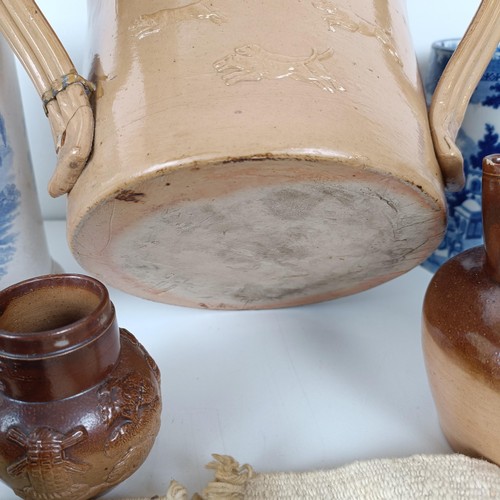 827 - A large 19th century blue and white mug, a Doulton Lambeth tyg, and assorted ceramics (box)