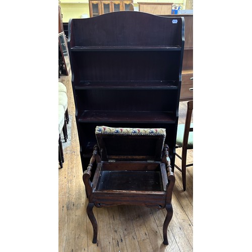 972 - A waterfall front bookcase, assorted pictures, and a stool (qty)