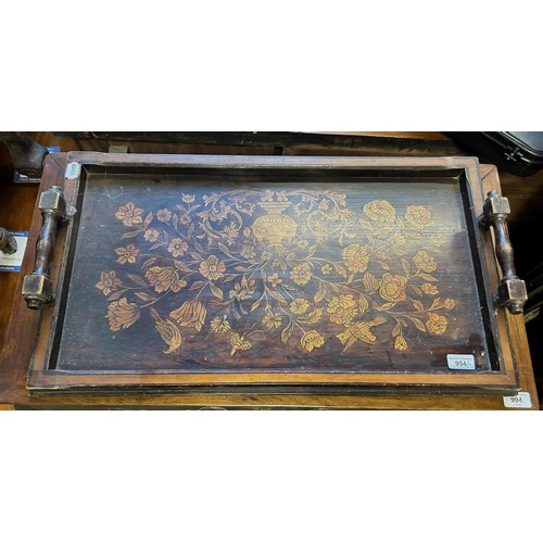 954 - An Edwardian penwork tray, decorated a vase of flowers and birds, 69 cm wide, and a George III style... 