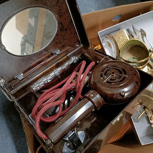 832 - A novelty wall hanging barometer, a mahogany writing box, a bakelite hairdryer, cased, assorted meta... 