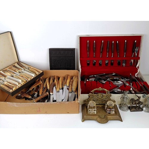 863 - Assorted cutlery, with antler handles, an Asian book print block, and assorted other items (2 boxes)