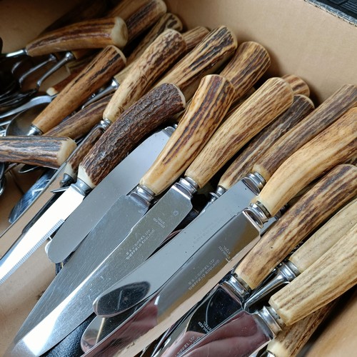 863 - Assorted cutlery, with antler handles, an Asian book print block, and assorted other items (2 boxes)