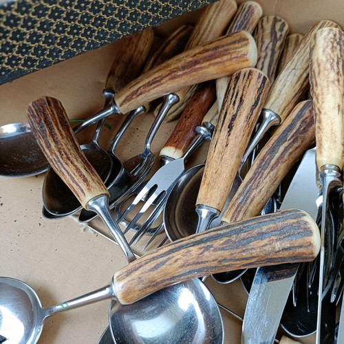 863 - Assorted cutlery, with antler handles, an Asian book print block, and assorted other items (2 boxes)