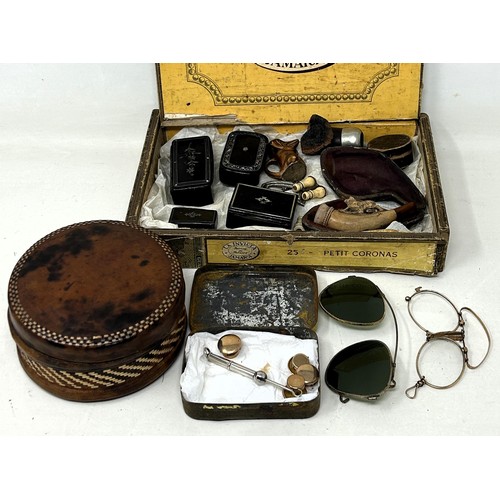 860 - Five unusual miniature models of cigars, in a carved Victorian box, dated 1887, a meerschaum pipe, f... 